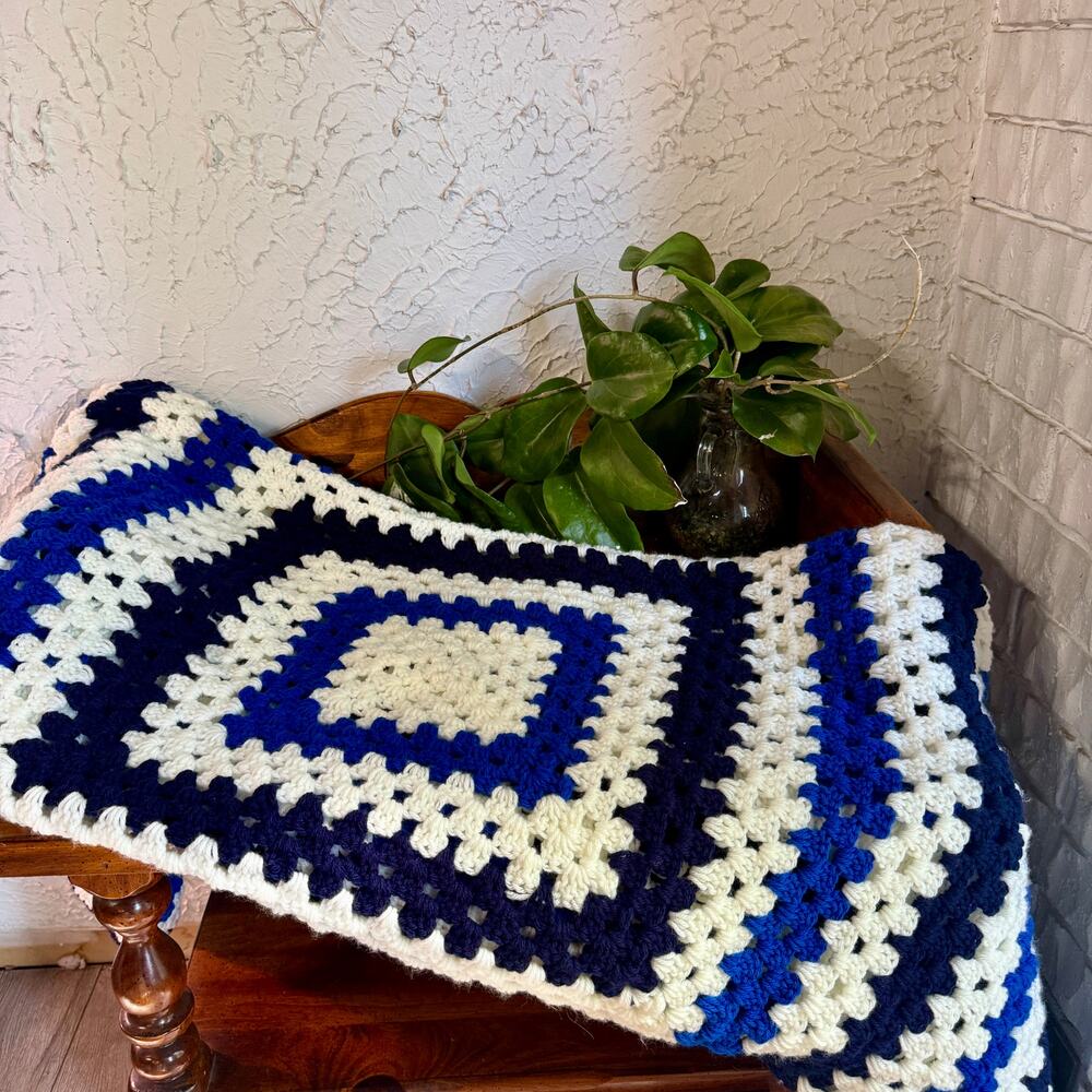 Handmade Crochet Afghan Throw Blanket Blue White Granny Square 58x59 Vintage
